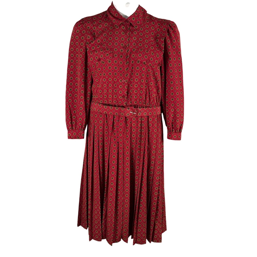 Appleseeds Vintage Red Medallion Print‎ Pleated Midi Shirt Dress 12P Belted